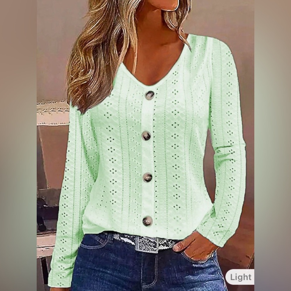 NEW Light Green Eyelet, Long-Sleeved, Lightweight Pullover w/Decorative Buttons